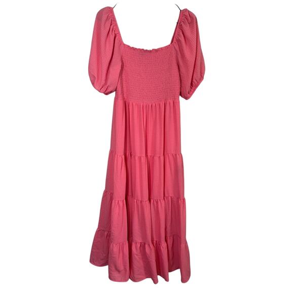 Tommy Hilfiger Pink Gingham Seersucker Puff Sleeve Tiered Maxi Dress Medium - Picture 1 of 5